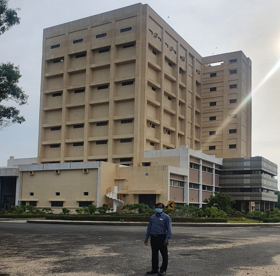 Engineering Hall V at IGCAR Kalpakkam with beige grid facade