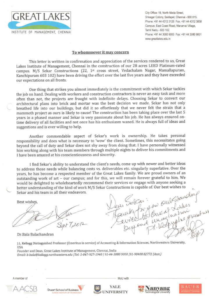 Letter of Appreciation & Recommendation - Great Lakes Institute of Management, Dr. Bala V. Balachandran