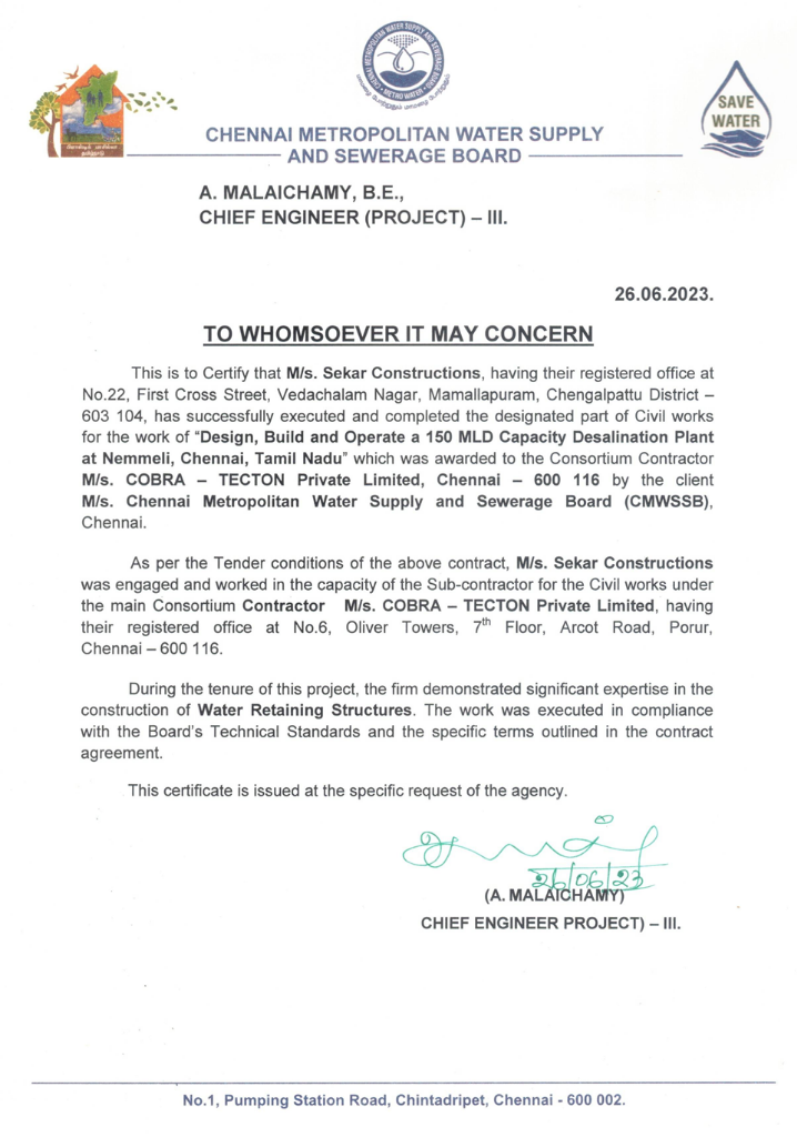 CMWSSB Completion Certificate - 150 MLD Nemmeli Desalination Plant