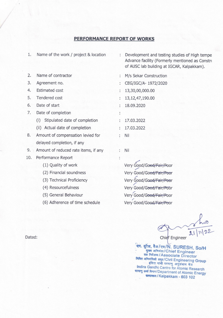 IGCAR Performance Report - High Temperature Advance Facility (₹13.12 Crore)